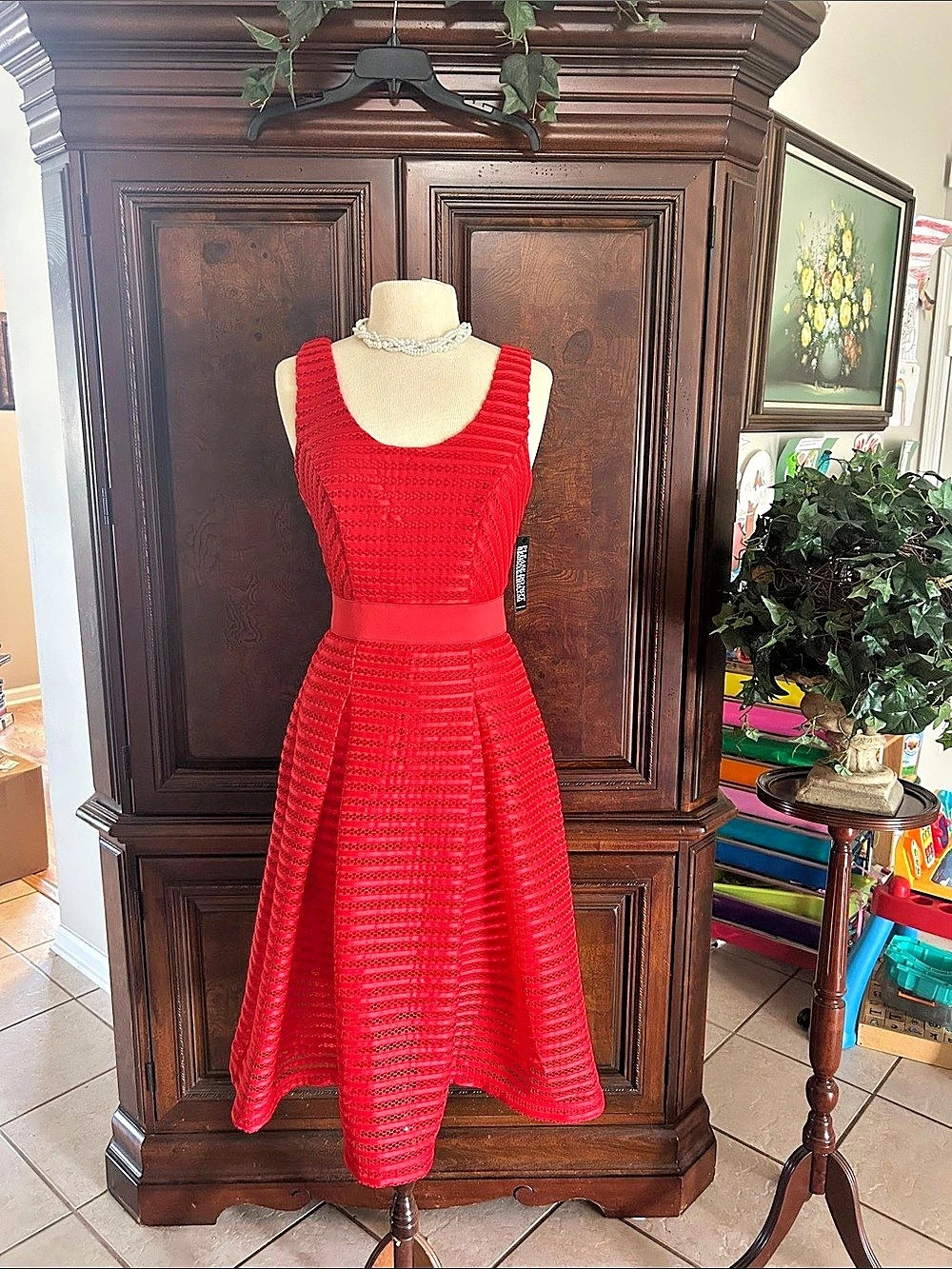 New York & Company Red Textured Midi Dress NWT